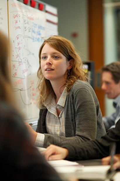 A collaborative scene in a brightly lit meeting room where a small group of professionals, led by a female team leader, is engaged in a problem-solving session. The focus is on a whiteboard with ideas and strategies, and the group's expressions range from thoughtful to motivated, indicating a collective effort to address and overcome the issue of slacking.