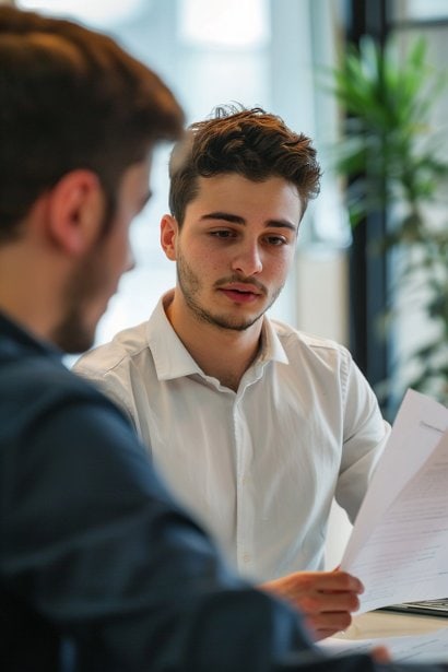 A photo capturing a moment during a private meeting between a young male employee and his manager in a bright, modern office. The employee, looking earnest and a bit anxious, is presenting a document to his manager, who appears receptive and attentive. This scene reflects the importance of open communication and the effort to address job dissatisfaction constructively.