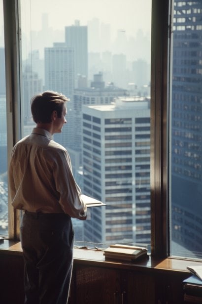 A young male professional standing by a large window in a modern office space, gazing outside with a contemplative expression. He's holding a notebook and a pen, indicating he's weighing the pros and cons of his current job situation. The city skyline in the background suggests the vast opportunities that lie beyond his current role, illustrating the idea of exploring alternatives and reflecting on one's career path.