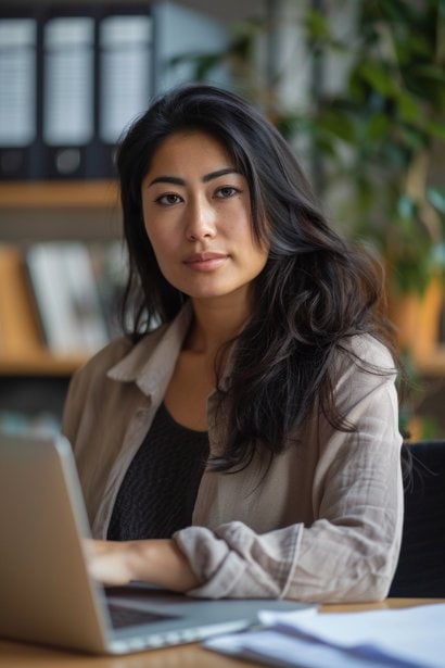 A female professional, appearing confident and contemplative, sits at her desk with a laptop open in front of her. She's drafting her professional summary. The setting is a quiet, private office, emphasizing focus and introspection.