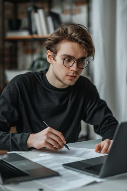 A young male professional, looking organized and focused, sitting at a minimalist desk. He's holding a pen and reviewing a printed list in front of him, with a laptop open to an email application, symbolizing the preparation of a structured reference list.