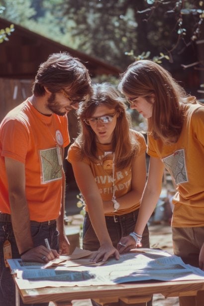 A group of three volunteers (one male and two females) in their twenties, wearing matching t-shirts for a community clean-up event, looking enthusiastic and cooperative. They are gathered around a table, planning their tasks with a map and cleanup tools, symbolizing teamwork and the building of new professional relationships through volunteer work.