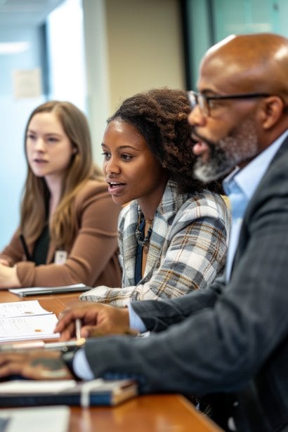 A small group of diverse professionals, gathered around a conference table in a supportive team meeting. They are discussing task redistribution and team dynamics in the wake of the layoff, with expressions of concern, support, and determination to adapt as a cohesive unit.