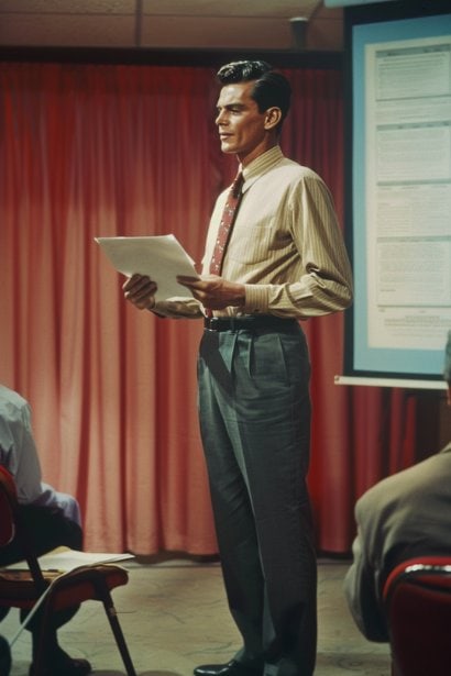 A male professional, appearing accomplished and proud, standing beside a presentation screen displaying achievements related to adaptability. The small audience, consisting of two or three people, looks impressed, reflecting the impact of his adaptability on his work.