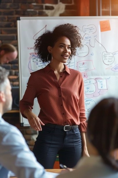 A workshop environment with a female leader facilitating a small group discussion among her team, consisting of both male and female professionals. She's using a whiteboard to illustrate leadership concepts, promoting a positive work environment and teamwork.