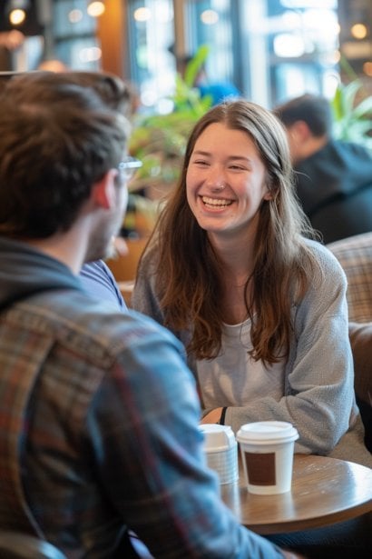 A mid-shot of a young female professional engaging in a lively discussion with a more experienced male mentor over coffee in a cozy office break area. Both individuals display genuine smiles and animated gestures, emphasizing the value of mentorship and support in enhancing job satisfaction and navigating career challenges.