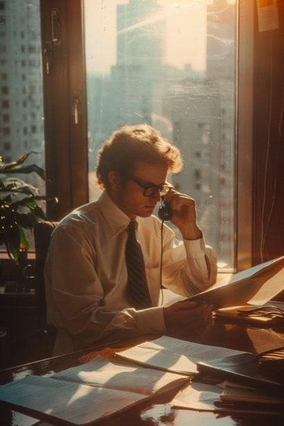 A male professional in his early thirties, looking grateful and engaged, making a phone call in a quiet, sunlit office. He's holding a list of names and contact information, symbolizing the act of personally thanking his references and discussing his job application progress.