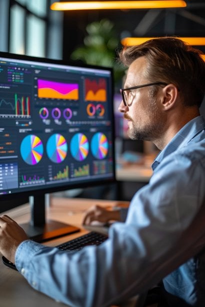 A male professional analyzing a colorful dashboard on a computer screen, representing meeting feedback and performance metrics. His expression is analytical, suggesting a deep dive into data to uncover insights for improving future meetings.