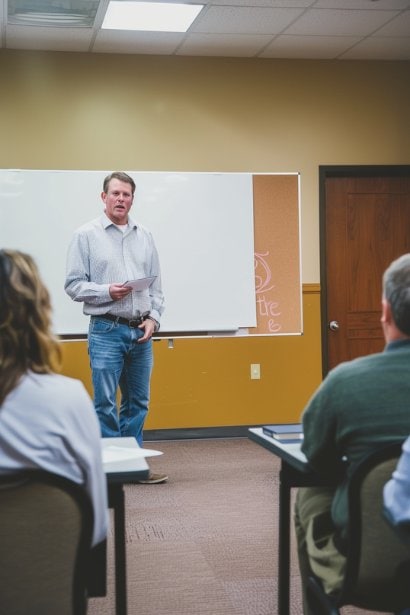 An engaging image of a male facilitator standing confidently beside a flip chart, actively leading a discussion in a brightly lit meeting room. The attendees, a compact group of professionals, are participating eagerly, reflecting a well-executed and dynamic meeting environment.