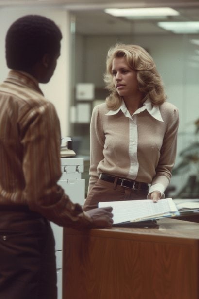 A female HR professional is having a serious conversation with a male employee about punctuality issues, in a neutral office space. The HR professional is showing a document indicating the employee's attendance record, while the employee looks apologetic and ready to make amends.