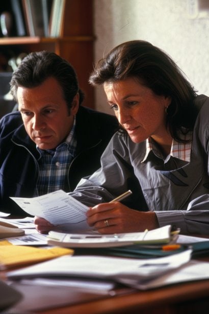 A middle-aged male professional, sitting with a financial advisor or a trusted friend, looking through documents and discussing finances with a focused expression. The setting is a home office or quiet café, emphasizing the practical steps being taken to stabilize his financial situation during the transition.