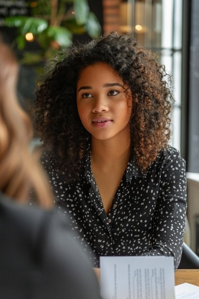 A female professional in her early thirties, looking confident and engaged, presenting her resume during a job interview. The resume is visible, emphasizing her adaptability traits. The interviewer, seen from the back, represents the prospective employer's interest.
