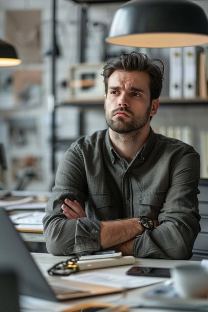 A photo of a male office worker, looking visibly frustrated and disengaged, sitting alone at his desk with a cluttered workspace. His arms are crossed, and he's staring off into the distance, reflecting reluctance to cooperate and a negative attitude towards his work.