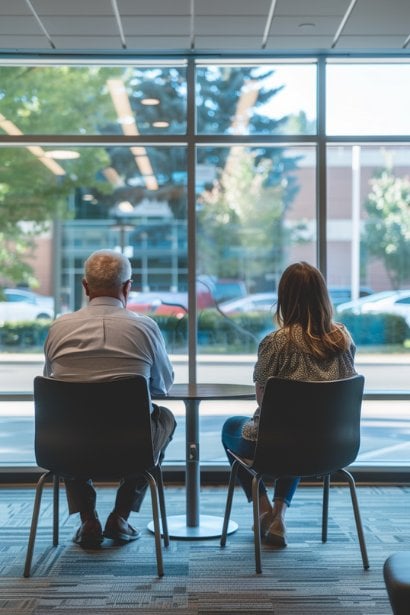 An organized meeting room where a male senior executive and a female junior employee are sitting across from each other, engaged in a structured reverse shadowing session. The executive, showing a respectful and eager to learn demeanor, listens as the junior employee discusses her daily tasks and challenges, showcasing a reversal of roles. Both individuals exhibit mutual respect and a readiness to exchange knowledge.