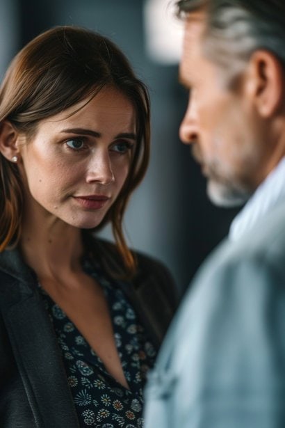 A young female professional, offering a comforting gesture to a middle-aged male colleague who looks distressed. They are in a quiet, semi-private area of the office, like a break room or secluded corner, to imply a private and supportive conversation. Her expression is one of genuine concern and sympathy, while his is mixed with gratitude and sadness.