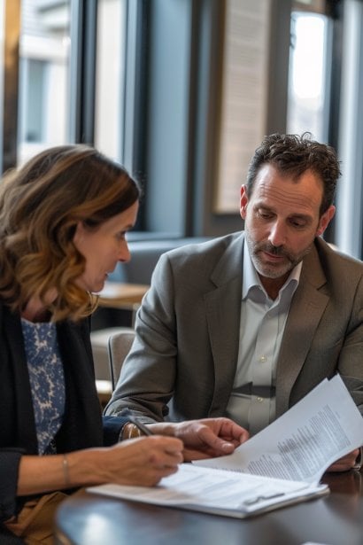 A serious meeting between a male HR representative and a female manager in an office, reviewing documents that outline legal and HR considerations related to an employee's behavior. Both are focused and engaged in a thoughtful discussion, emphasizing the importance of compliance and fairness.