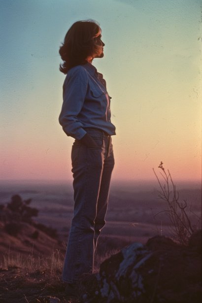 A mid-40s female professional, standing at the peak of a hill, looking out towards the horizon at sunrise. She's dressed in smart, casual attire, symbolizing a successful career built on a strong personal brand. Her expression is reflective and content, contemplating the long-term benefits and fulfillment derived from a well-crafted personal brand.