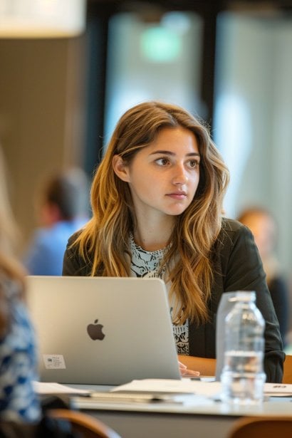 A female professional, looking determined and focused, sitting at a round table with a laptop open to a career development webinar. She's surrounded by a few other engaged colleagues, indicating a collaborative learning environment. The setting is informal yet productive, highlighting the importance of continuous growth and networking in career management.