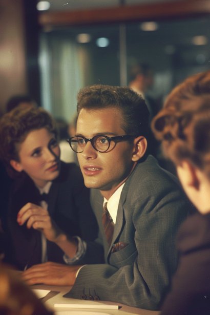 A late 20s male professional, engaging in a lively discussion in a small, informal networking event. He's sharing insights with a small group, who are listening intently. His expression is animated and enthusiastic, highlighting the importance of engagement and showcasing expertise in building a strong personal brand.
