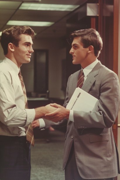 A young male student, smartly dressed, shaking hands with a male professional in an office setting. The student is holding a notebook and a pen, ready to start his day of job shadowing. Their expressions are friendly and professional, indicating a positive start to the shadowing experience.