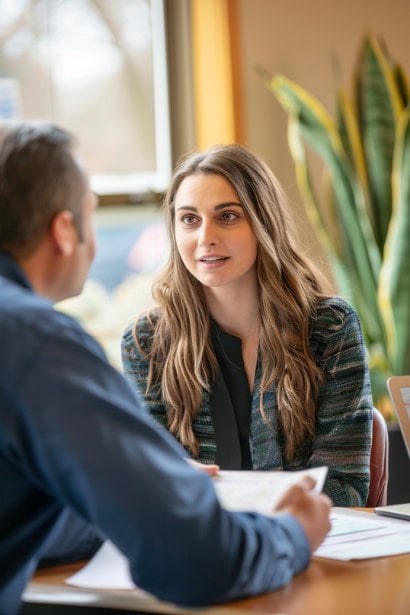 A female professional in her late twenties, looking optimistic and conversational, sitting across from a male community leader or volunteer coordinator at a community center, with paperwork and a laptop between them. This setting illustrates seeking references from volunteer experiences or community involvement.