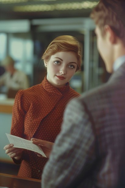 A young female professional, handing over a resignation letter to her boss, who is visible only from the back or side to maintain focus on the employee. She maintains a respectful and composed demeanor, capturing the professional and respectful approach to resigning from a job.