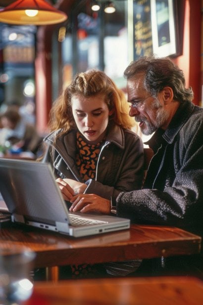 Two professionals, a young female and a middle-aged male, collaborating over a laptop at a coffee shop. The female is pointing at the screen, suggesting edits on a resume, while the male takes notes, looking focused and appreciative. The environment is casual and supportive, symbolizing the practical assistance being offered.