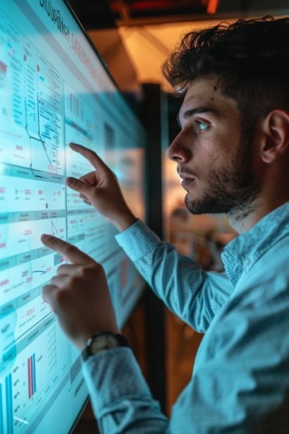 A photo capturing a young male professional, appearing analytical and strategic, studying an organizational chart displayed on a large monitor. He's in a quiet, focused workspace, pointing at different sections of the chart, symbolizing his understanding of the company's hierarchy and his place within it. His engaged and reflective mood underscores the significance of knowing the organizational structure for career development.