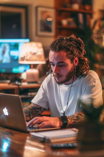 A young male professional, appearing focused and resilient, in a home office setting, actively ignoring his phone and other distractions to concentrate on an urgent task at hand. A planner and a laptop are in front of him, symbolizing his strategies against procrastination.