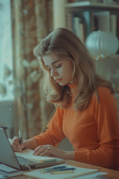 A young female professional, appearing focused and determined, seated at a minimalistic desk with a laptop open. She's making notes, symbolizing her engagement in defining the core purpose and functions of the job. The room's simplicity and her concentrated expression emphasize the importance of clarity and precision in crafting a position summary.