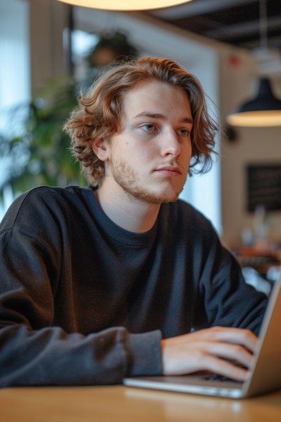 A young male professional, looking relieved and thoughtful, sitting at a desk composing a thank-you email on his laptop shortly after a virtual interview. Emphasizing the promptness and professionalism of post-interview follow-ups.