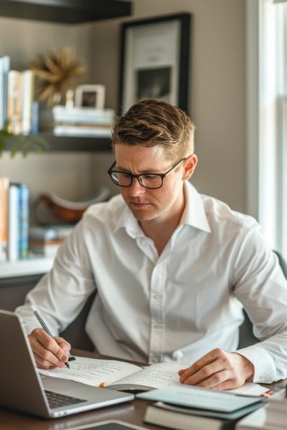 A young male professional in his late 20s, seated in a modern home office, jotting down his core values and mission statement in a notebook. The desk is neat, with a few branding books and a laptop displaying a personal branding workshop. His expression is earnest and focused, demonstrating the hands-on approach to developing a personal brand aligned with personal values and mission.