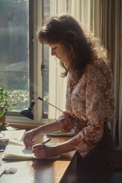 A female professional, standing by a window with natural light streaming in, jotting down notes in a notebook. She appears calm and composed, with a slight frown of concentration, reflecting the introspection and preparation required before responding to feedback.