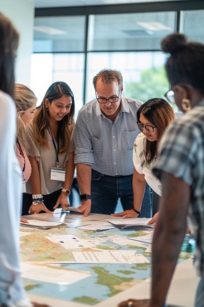 A dynamic workshop setting where a diverse team of professionals, including a male and a female lead, are participating in an interactive session about communication and teamwork. They are standing around a large table, engaging with activities that promote mutual respect and clear expectations, with positive and enthusiastic body language.