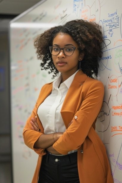 A young female professional, looking capable and self-assured, stands in front of a whiteboard listing essential skills and competencies. She's using a marker to highlight specific skills, symbolizing the importance of identifying and matching personal abilities with job requirements. Her confident stance and the clarity of the listed skills on the board reflect the direct connection between competencies and job success.
