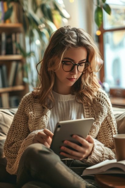 A young female professional, looking engaged and curious, browsing through the company's website on her tablet. She's sitting in a cozy home office, with notes and a coffee cup nearby, illustrating her preparation and research on the company and its industry.