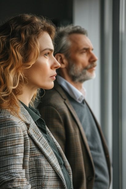 A thoughtful young female professional, giving space to her middle-aged male colleague, who is looking out a window in a moment of solitude. She stands at a respectful distance, her posture and expression conveying understanding and readiness to offer support when needed, emphasizing the balance between offering help and respecting privacy.