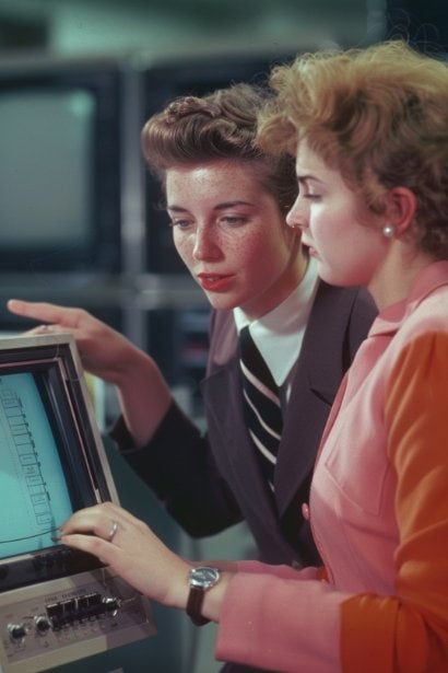 A workshop setting where a female senior manager observes a young employee demonstrating a new technology tool to a small group. The employee is confidently explaining the tool, pointing at the screen. This scenario reflects the dynamic exchange of expertise and the embrace of innovation through reverse shadowing.