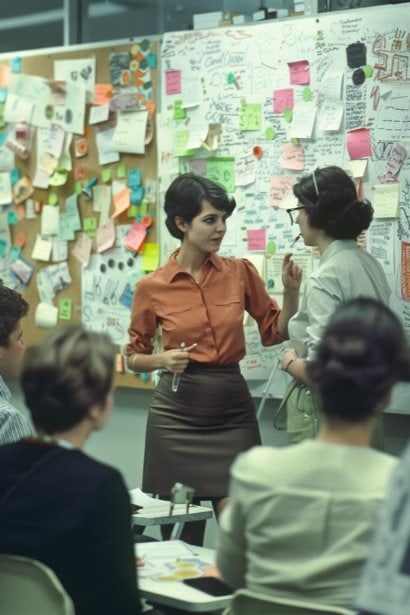 A brainstorming session in a creative workspace, where a small group of professionals is engaging in animated discussion around a whiteboard filled with ideas. The scene is energetic, with a female leader facilitating the session, emphasizing the importance of addressing special topics to enhance meeting outcomes.