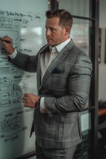A mid-30s male executive, dressed in a sharp suit, meticulously planning his personal brand strategy on a glass whiteboard. The board is filled with strategic goals, audience personas, and a content calendar. His expression is determined and analytical, showcasing the strategic thinking behind managing a personal brand.