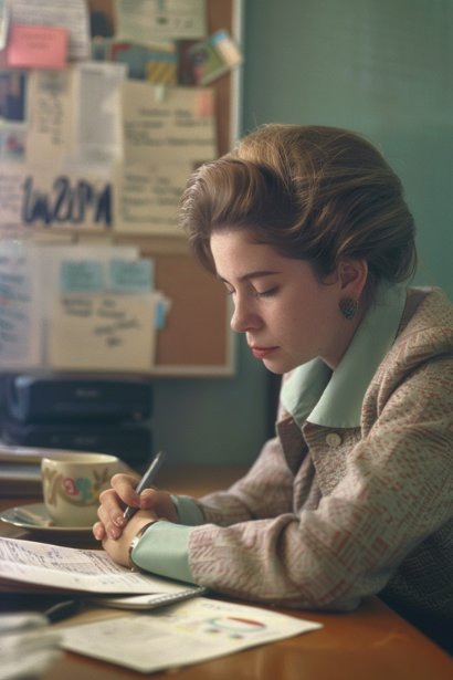 A female professional in her mid-thirties, appearing determined and introspective, updating her resume at a home office desk. She has notes and a coffee beside her, with a bulletin board in the background featuring motivational quotes and goals, symbolizing the process of highlighting transferable skills and achievements despite employment gaps.