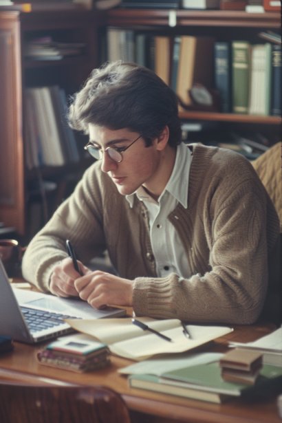 A young male professional, looking inspired and thoughtful, jotting down notes in a notebook at his desk filled with creative materials and a laptop. The scene suggests he's brainstorming ways to articulate his adaptability using synonyms, highlighting a creative and reflective moment.