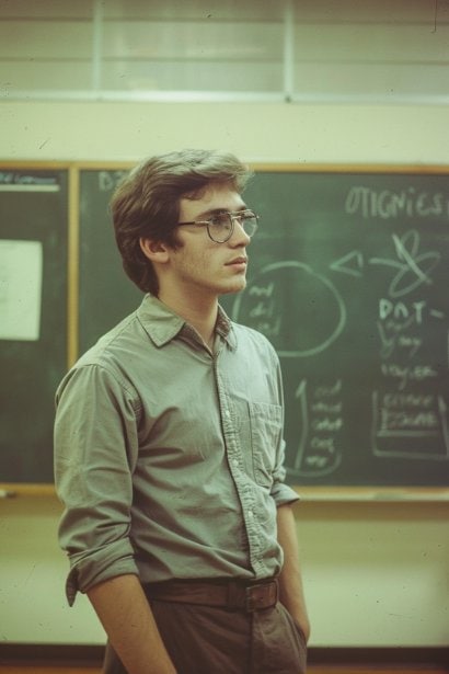 A young male professional, standing in a quiet, well-lit room with a large chalkboard or whiteboard behind him. He's drawing a pros and cons list, visibly weighing his options with a look of determination and introspection, symbolizing the thorough and critical decision-making process about quitting a boring job.