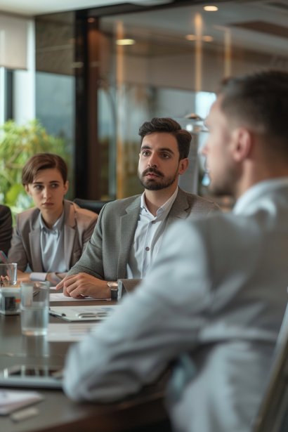 A conference room scene where a male team leader is clearly articulating project expectations to a small group of attentive team members, consisting of both male and female professionals. Everyone is looking towards a shared document or screen, symbolizing clear and effective communication.