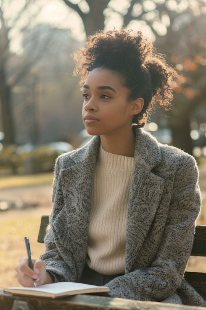 A serene photo of a young female professional sitting at a park bench during a sunny afternoon, deep in thought with a notepad and pen in hand. She's surrounded by nature, symbolizing a moment of reflection on her career and life goals. The peaceful setting underscores the importance of taking a long-term view of one's career journey, away from the immediate pressures of the workplace.