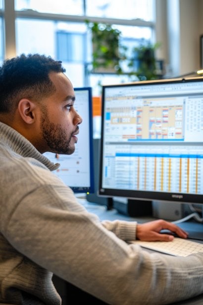 A young male professional, appearing organized and proactive, at a modern workspace with dual monitors. One screen shows a digital calendar with time blocks for different tasks, while the other displays a project management tool with a list of tasks sorted by priority.