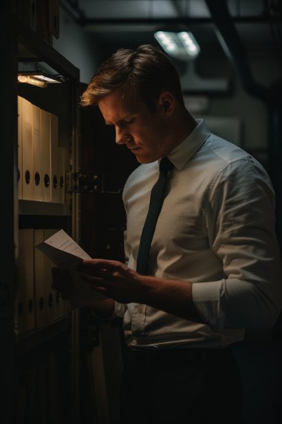 A male professional in his late 20s, looking serious and focused, stands in a dimly lit room in front of a large, secure file cabinet. He is carefully selecting a file, symbolizing the handling of confidential information. His expression conveys the weight and responsibility of managing sensitive data.