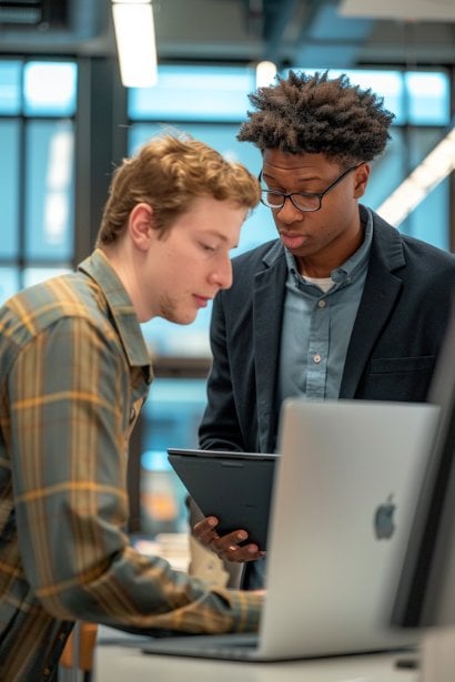 A young male student, dressed in smart casual attire, observing a professional at work in a modern office environment. The student appears intrigued and focused, taking notes on a digital tablet, while the professional, a male, works on a computer and explains his tasks. The scene conveys a sense of mentorship and learning.