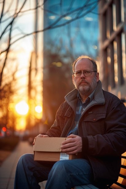 A middle-aged male professional, sitting alone on a bench outside a corporate building, looking contemplative and somewhat concerned. He holds a small box of personal items from his desk, symbolizing the immediate aftermath of a layoff. The setting sun casts long shadows, adding to the mood of uncertainty and reflection.