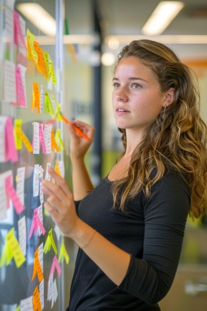 A young female professional, looking focused and determined, standing in front of a large glass board filled with sticky notes and markers. Each note is color-coded, representing different tasks, with some marked as urgent or important. She's carefully moving notes around, visualizing the Eisenhower Matrix in action.